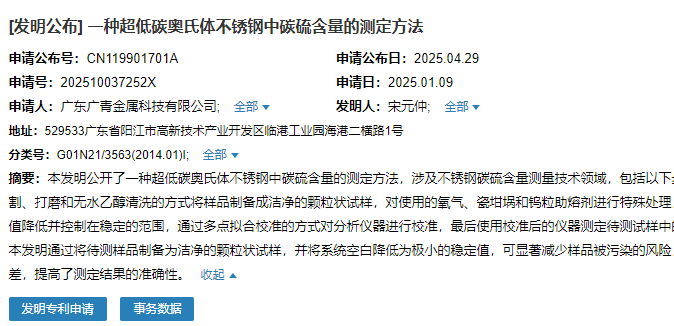 广青科技申请“一种超低碳奥氏体不锈钢中碳硫含量的测定方法”专利