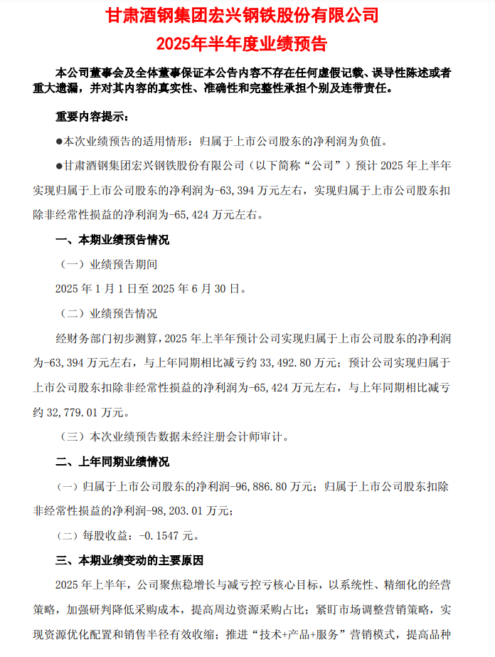 酒钢宏兴：预计2025年上半年亏损6.34亿元